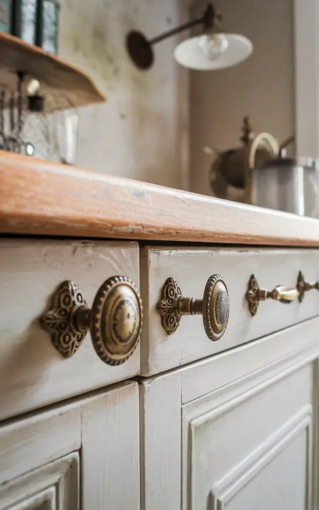 A photo of a close-up of antique brass cabinet knobs and pulls in a small cottage kitchen. The ornate, vintage hardware contrasts beautifully with the painted white cabinetry, adding a unique, personalized touch to the room's overall design. The background reveals a rustic, textured wall and a vintage light fixture.