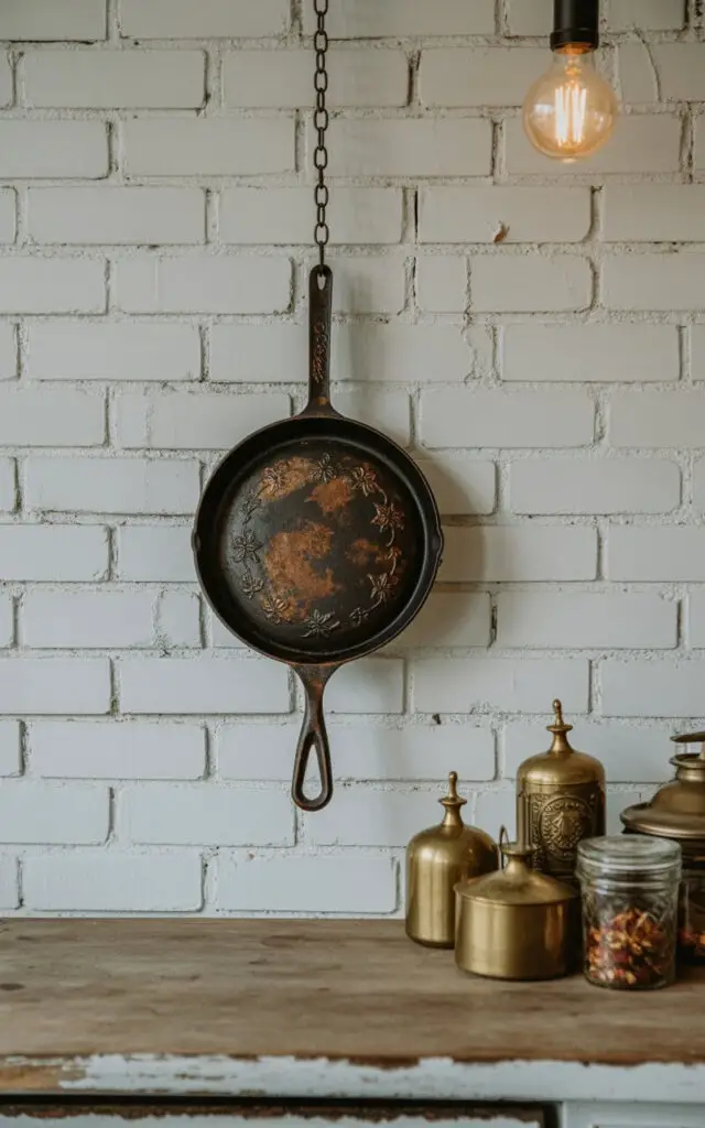 A photograph of a vintage cast iron skillet hanging on a distressed whitewashed brick wall in a witchy kitchen. The skillet, aged and well-used, displays intricate floral patterns and a patina of rust, suspended by a wrought iron chain. Below it, on a worn wooden countertop, sits a collection of brass apothecary jars filled with dried herbs and spices, illuminated by the soft glow of a single Edison bulb hanging from the ceiling. The overall scene evokes a sense of timelessness and subtle magic within the minimalist kitchen setting.