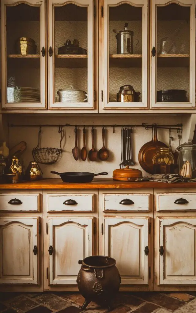 A witchy kitchen filled with antique items such as a vintage cast iron skillet, old wooden spoons, and brass apothecary jars. The cabinets feature aged glass doors, while an old cauldron rests on the floor, adding a rich sense of history and witchy charm.