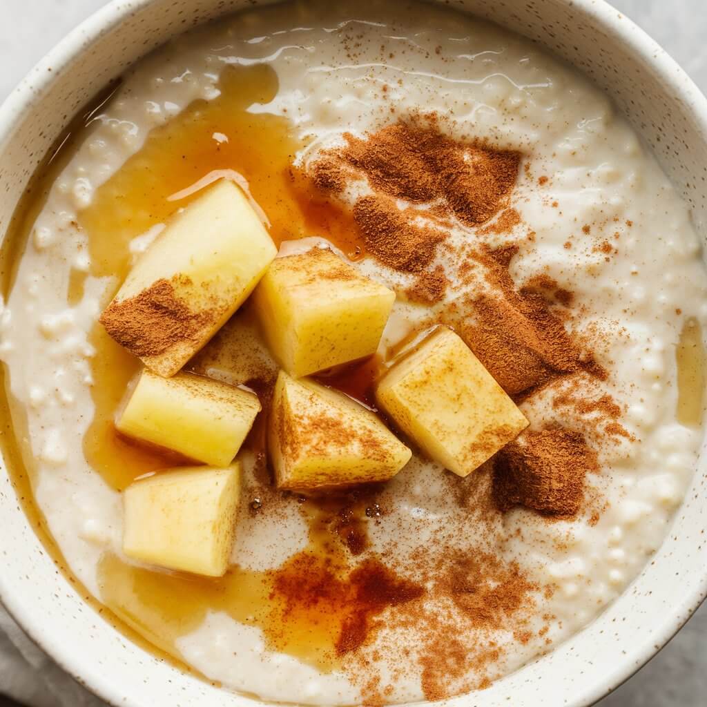 A bowl of fragrant apple cinnamon porridge with chunks of soft-cooked apples and a sprinkle of cinnamon. The porridge is topped with a drizzle of maple syrup and a sprinkle of cinnamon. The soft apples and the warm spices create a comforting, autumnal dish that's both flavorful and nourishing.