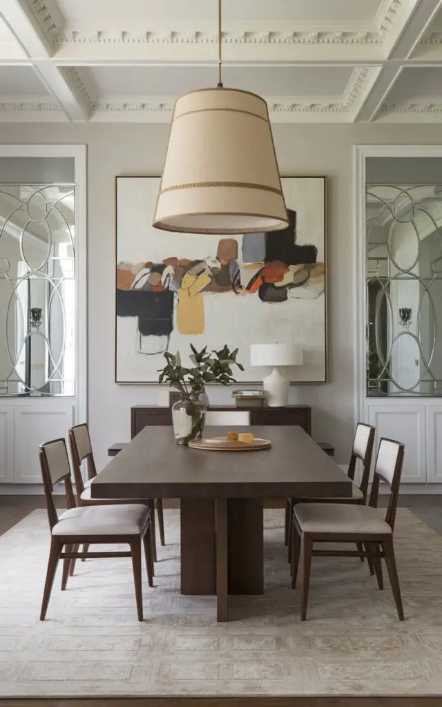 A transitional dining room with a large abstract painting hanging above a sleek, traditional wooden dining table. The artwork's colors complement the room's neutral tones, serving as the focal point in this modern yet classic space.