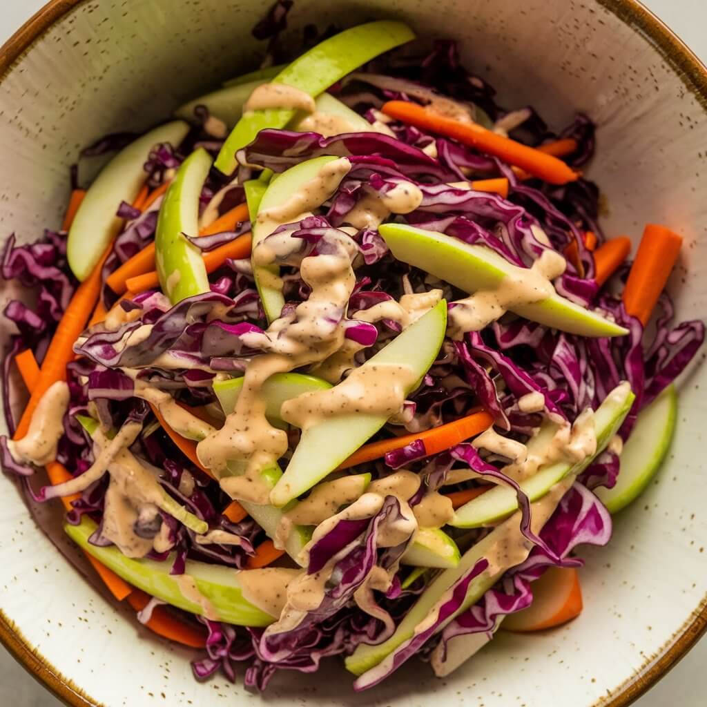 A ceramic bowl filled with a crunchy slaw. The slaw consists of shredded purple cabbage, green apples, and orange carrots. The ingredients are tossed in a creamy maple Dijon dressing. The vibrant purple cabbage contrasts with the green apples and orange carrots, creating a colorful and festive Thanksgiving salad. The dressing adds a subtle sheen, making the salad look fresh and appetizing.