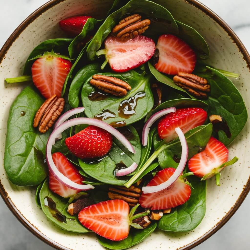 A ceramic bowl with fresh baby spinach leaves forms the base of this salad, accented by bright red strawberry slices, julienned onions, and candied pecans. The dark green of the spinach contrasts with the strawberries' vivid color, while a light balsamic vinaigrette adds a glossy sheen, making this Thanksgiving salad pop with color and texture.