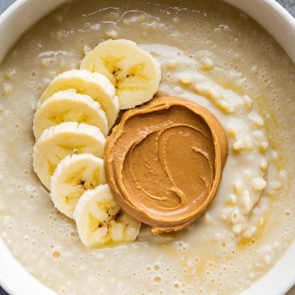 A bowl of creamy banana porridge with a soft, smooth texture. The porridge is topped with slices of fresh banana, a spoonful of peanut butter. The golden-brown peanut butter and the bright yellow banana slices make this dish both visually appealing and nutritious.