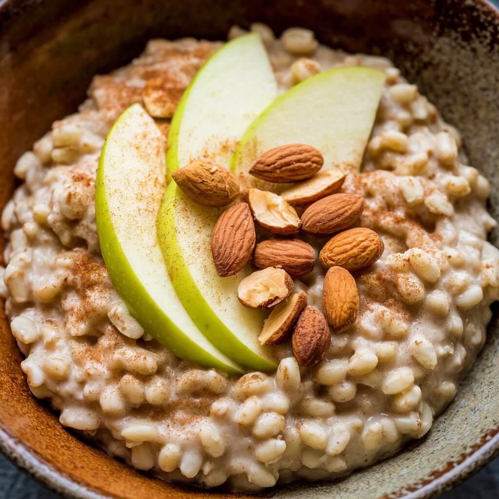 A photo of a rustic bowl containing a hearty barley porridge with a chewy texture. The porridge is topped with slices of green apple, cinnamon, and a handful of toasted almonds. The porridge has a rich, golden hue, and the fresh apple slices bring a crisp, refreshing contrast to the warmth of the barley.