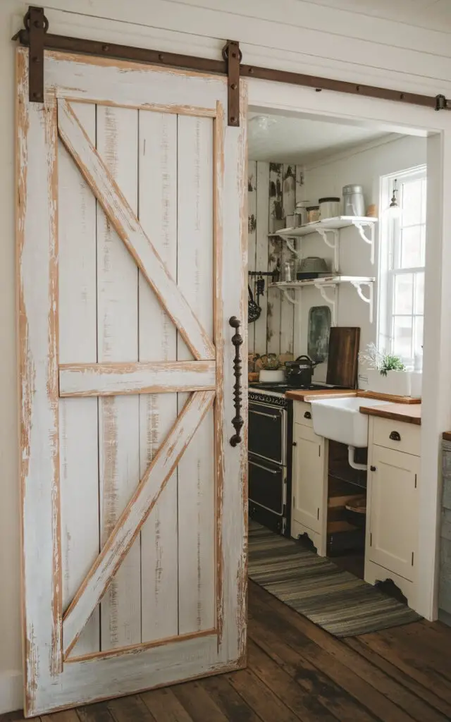 A photo of a small cottage kitchen with a farmhouse-inspired design. There's a sliding barn door made from reclaimed wood with a distressed finish. The door has rustic black metal hardware. The door is open, revealing a room with a distressed wood shelf and a few items. The kitchen has a vintage sink, a stove, and a few cabinets. There's a window near the sink. The floor is made of wooden planks.