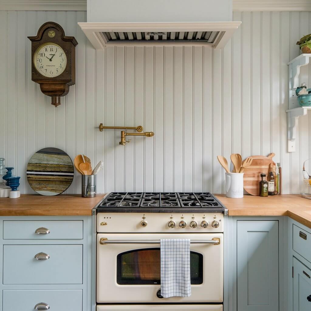 A photo of a small cottage kitchen with a crisp white beadboard backsplash behind the stove. The beadboard texture adds warmth and dimension to the kitchen, complementing the light blue cabinetry. A vintage clock hangs on the wall, contributing to the classic cottage charm.