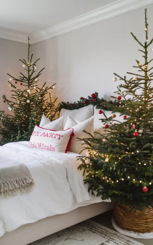 A charming Christmas bedroom with two mini Christmas trees flanking either side of the bed. The trees are decorated with tiny ornaments and twinkling fairy lights, bringing a festive, wintry feel to the space. The bed is styled with holiday pillows and a plush white comforter.