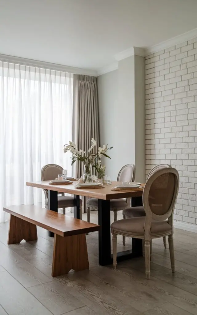 A transitional dining room with a wooden bench on one side of the dining table, paired with traditional dining chairs on the other. The combination of seating options adds a modern twist to the otherwise classic setting. The room has a light grey wall, a white brick wall, and a wooden floor. There's a large window with white curtains.