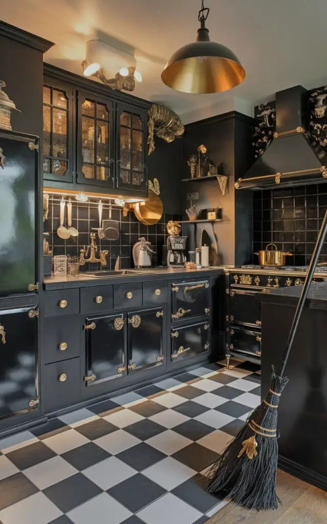 A photo of a witchy kitchen with black and gold accents. There are matte black cabinets with gold details, a black countertop, and a gold lampshade over the stove. The stove, sink, and other appliances are also black. There are gold pots and pans hanging above the stove. The floor is tiled in black and white checkers. A black and gold broomstick is leaning against the wall. The room has a warm glow from the lighting.