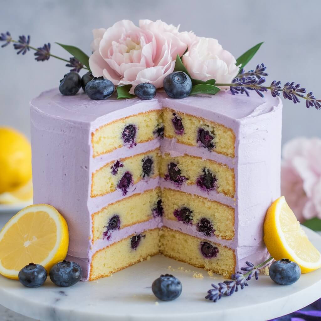 A photo of a tall, layered blueberry lemon cake with a light elegant plain purple frosting. The cake has been sliced to reveal its interior, which consists of three layers of moist yellow cake with visible blueberries baked in. Each layer is separated by a thin layer of purple frosting, matching the cake's outer covering. The top of the cake is adorned with fresh blueberries, purple lavender sprigs, and light pink flowers, creating an elegant and rustic presentation. The cake is set on a marble cake stand, with additional decorations, including lemon twists and more blueberries, scattered around the base.