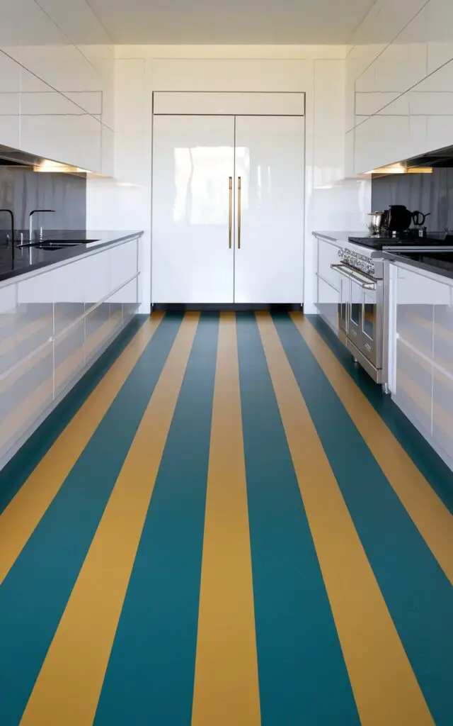 A photo of a kitchen with a bold striped floor. The floor has alternating wide stripes in bright teal and mustard yellow. The sharp lines elongate the room, creating a dynamic, modern effect. The kitchen is paired with sleek, white cabinetry and black countertops. The striped floor becomes a central design feature, adding a touch of drama and flair.