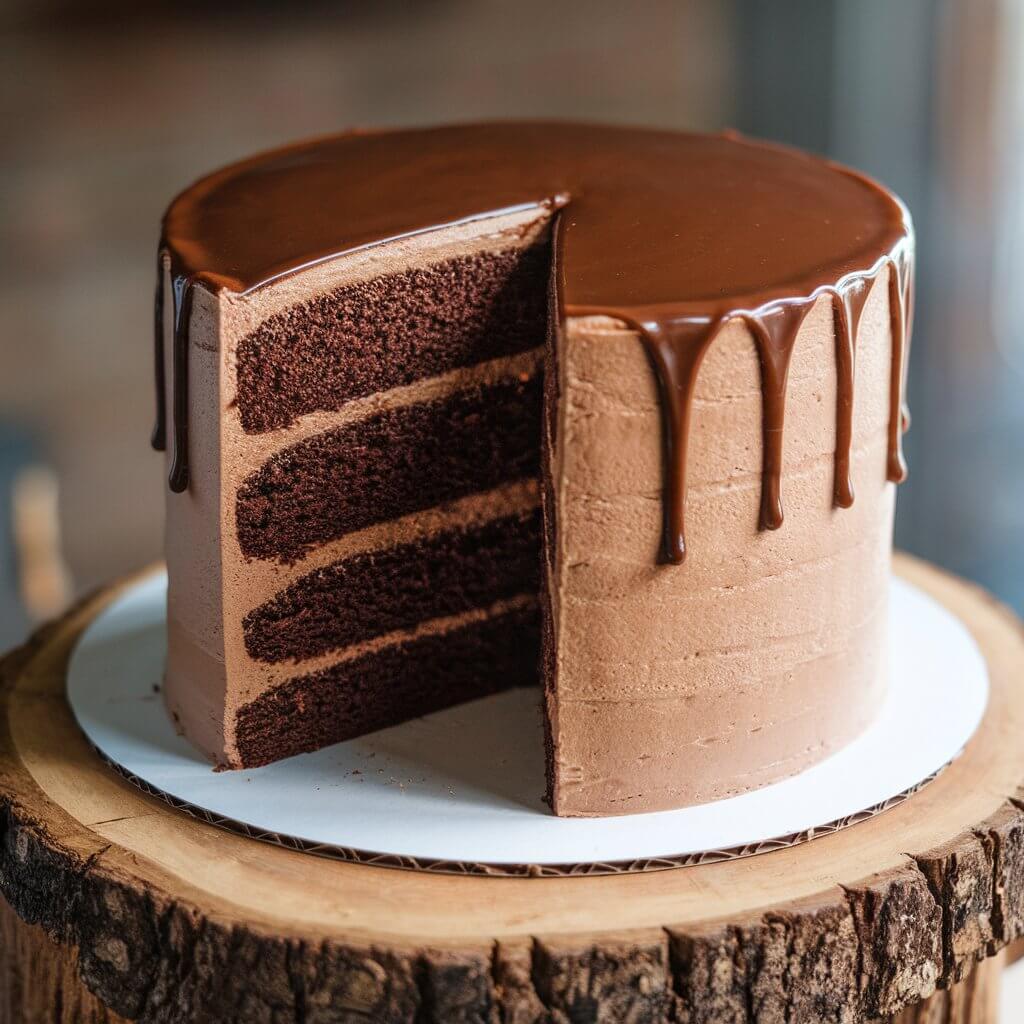 A photo of a tall, layered Bourbon Chocolate Cake with a light elegant plain dark brown frosting. The cake has been sliced to reveal its interior, which consists of three layers of dark brown cake. Each layer is separated by a thin layer of dark brown frosting, matching the cake's outer covering. The top of the cake is adorned with a thick brown chocolate liquid. The cake is set on a wooden stand.