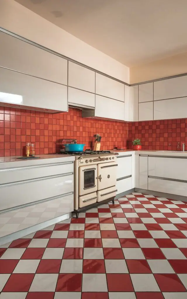 A photo of a retro-style kitchen with a checkerboard floor in bright red and white. The kitchen has sleek, white cabinets and a matching red backsplash. There is a vintage stove and a few kitchen utensils on the floor. The overall space is bright and cheerful.