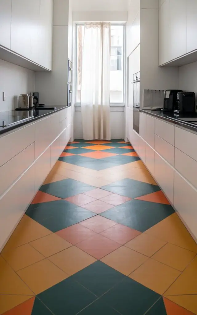 A photo of a modern, minimalist kitchen with a geometric floor. The floor features bold, triangular and hexagonal tiles in orange, teal, and mustard. The tiles are arranged in an eye-catching pattern. The kitchen has white cabinets, sleek black countertops, and a few appliances. There's a window with a curtain near the cabinets.