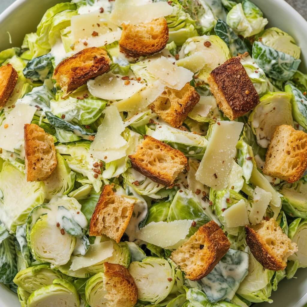 A photo of a unique Thanksgiving salad. The salad is made of shaved Brussels sprouts tossed in a creamy Caesar dressing. There are Parmesan shavings on top and golden croutons scattered throughout for crunch. The shaved Brussels sprouts create a rustic yet sophisticated texture, making the salad stand out in presentation.