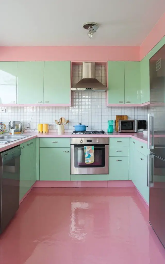 A fun and retro kitchen floor covered in bubblegum pink laminate. The smooth, high-gloss surface adds a playful vibe to the room, complemented by mint green cabinets and stainless steel appliances. This laminate floor is perfect for adding a pop of color and personality to the kitchen.