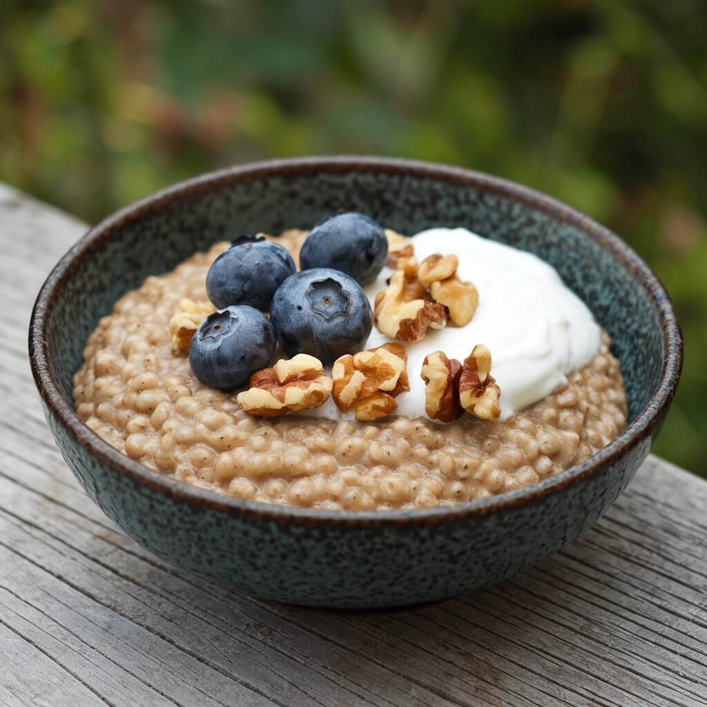 A photo of a rustic bowl of buckwheat porridge with a dense, grainy texture. The porridge is topped with fresh blueberries, walnuts, and a dollop of Greek yogurt. The bowl is placed on a wooden surface. The background is blurred and consists of greenery.