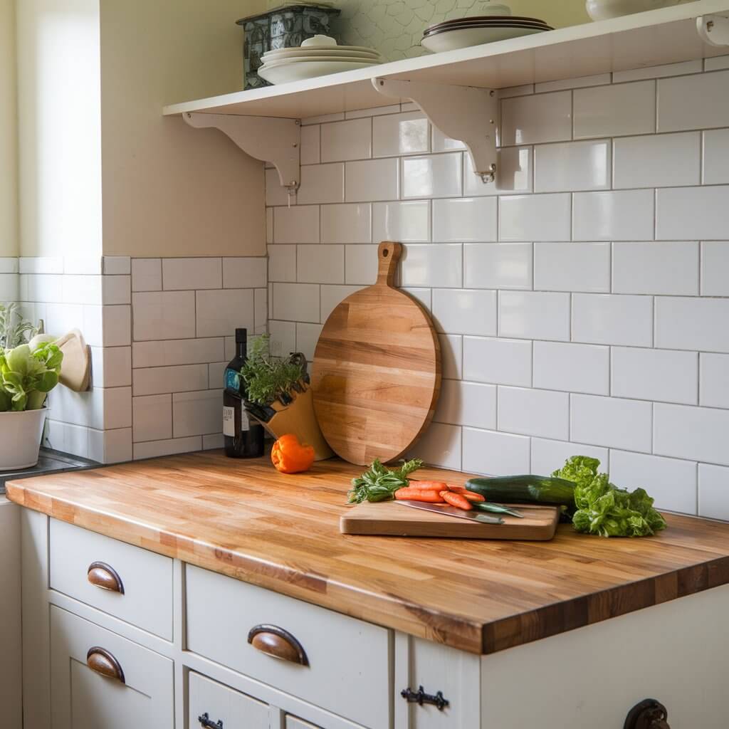 A small cottage kitchen with natural wood butcher block countertops. The rich wood grain contrasts beautifully with the white cabinets and subway tile backsplash. A cutting board with fresh vegetables sits on the counter, adding to the kitchen's warm and welcoming atmosphere.