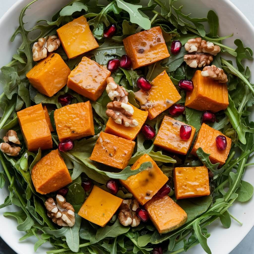 A photo of a hearty salad bowl with roasted butternut squash cubes arranged over a bed of arugula. The arugula's deep green is punctuated by the golden squash, with hints of walnuts and pomegranate seeds scattered for added texture. Light balsamic dressing glistens on the salad, making it a visually appealing Thanksgiving dish.