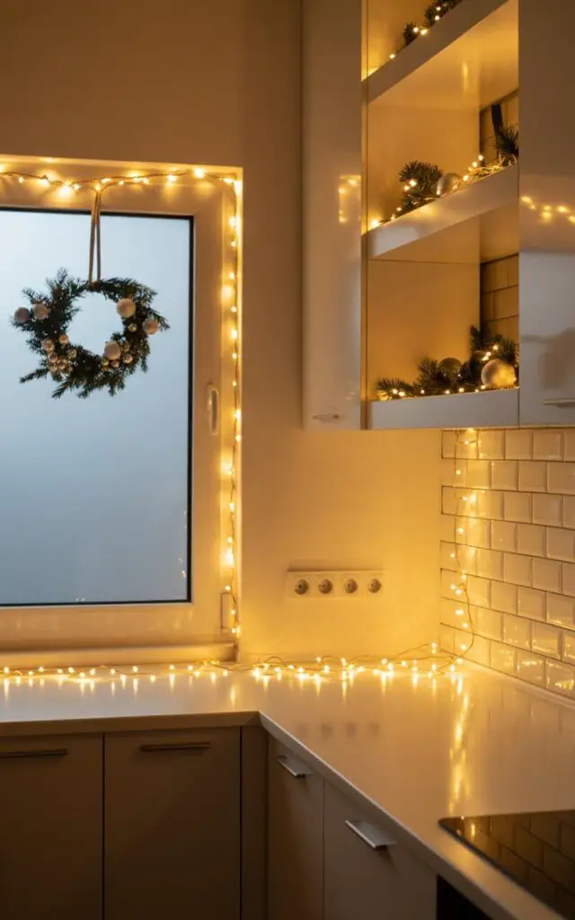 A photograph of a pristine minimalist kitchen bathed in the warm glow of delicate golden string lights that gracefully outline the upper white cabinets. The lights cast a soft, amber reflection across the glossy white countertops and subway tile backsplash, creating gentle pools of light that enhance the clean lines of the modern space. A carefully arranged wreath with dark green pine and silver accents hangs on a frosted glass window, while tiny pine sprigs and understated silver ornaments are thoughtfully placed along the floating shelves. The scene captures the perfect balance between contemporary minimalism and cozy Christmas warmth, where every element contributes to a serene, festive atmosphere without overwhelming the space's elegant simplicity.