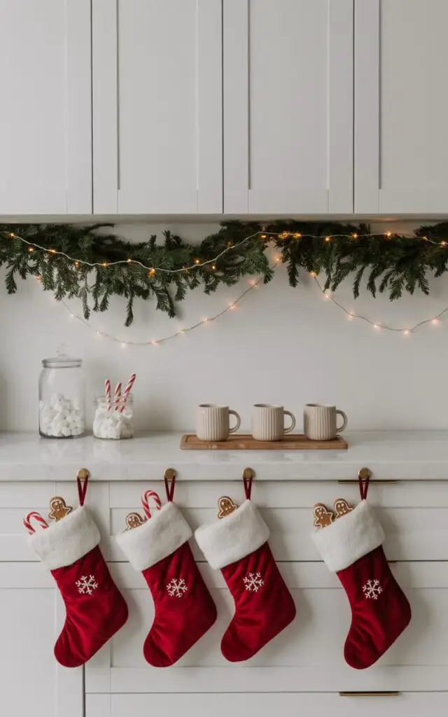 A photograph of a pristine minimalist kitchen decorated for Christmas with thoughtful seasonal touches that maintain clean, modern lines. Red velvet stockings with soft white fur trim and delicate embroidered snowflakes hang neatly from sleek lower cabinet handles, some filled with candy canes and miniature gingerbread cookies peeking from their tops. A sparse pine garland with warm white fairy lights drapes elegantly across the upper white cabinets, while a carefully curated hot cocoa station features matching ceramic Christmas mugs and a glass jar of marshmallows on the marble countertop. The space glows with soft, natural light filtering through a window, creating a serene balance between contemporary design and festive warmth.