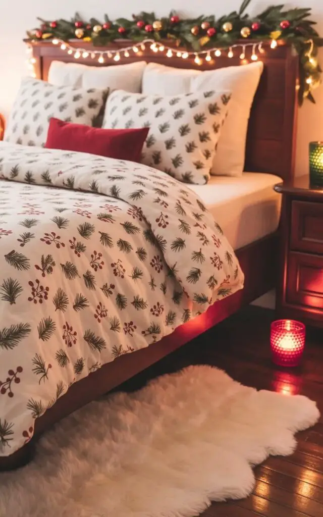 A king-sized bed with a dark wood frame sits centered in the room, layered with a cream-colored duvet cover featuring a subtle repeating pattern of pine branches and red berries. Two red and green glass candle holders rest on the nightstand and dresser, each holding a lit candle that casts a warm glow on the surrounding surfaces. A string of twinkling fairy lights is draped across the headboard and woven through a garland of evergreen branches adorned with small gold ornaments. The room's polished hardwood floor reflects the soft light, while a plush, ivory-colored rug sits beneath the bed, creating a cozy atmosphere.