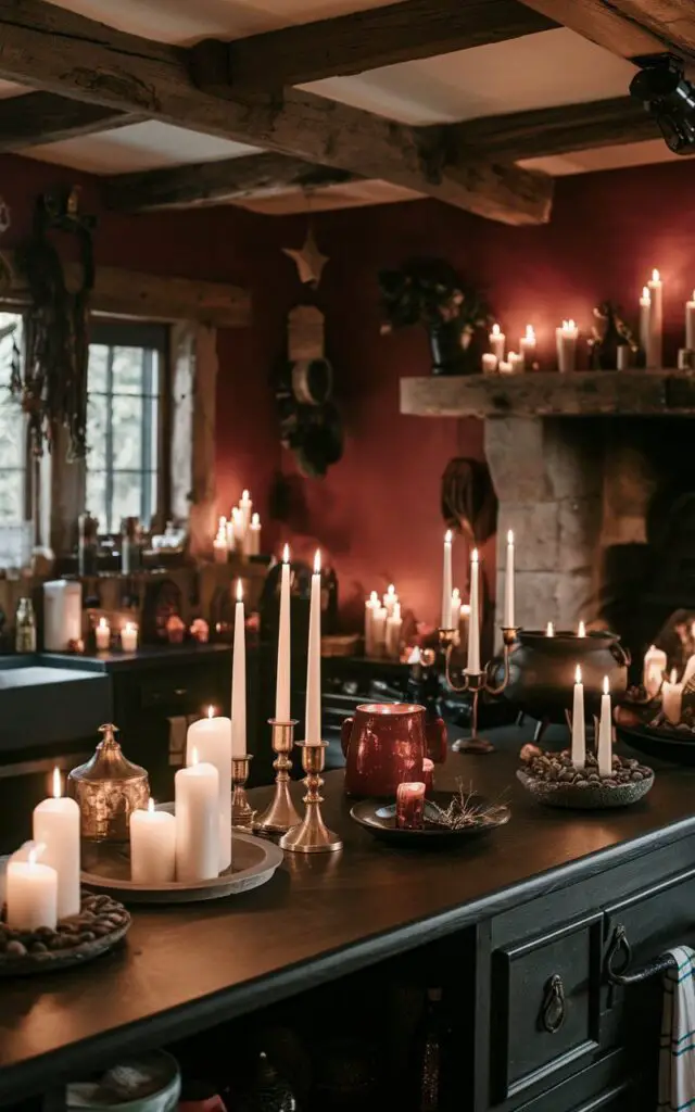 A photo of a witchy kitchen with a black and deep red color scheme. There are candles of varying sizes on the countertops. Some candles are in brass holders, while others are on stone trays. The warm glow from the candles creates a cozy, mystical ambiance. The kitchen has a rustic charm with wooden beams and a stone fireplace. There are various witchy items around, such as a cauldron, herbs, and a broomstick.