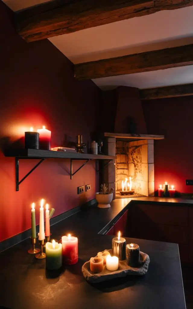 A photograph of a minimalist witchy kitchen bathed in the warm glow of candlelight. Scattered across the smooth black granite countertops and open shelves are clusters of red, green, black, and white candles in antique brass holders and rough stone trays, their flames flickering softly against dark red walls. Rustic wooden beams crisscross the ceiling above, while a stone fireplace glows warmly in the corner, casting dancing shadows on the walls and illuminating a small mortar and pestle holding dried herbs. Soft, diffused light highlights the candles and creates a mystical ambiance within the kitchen.