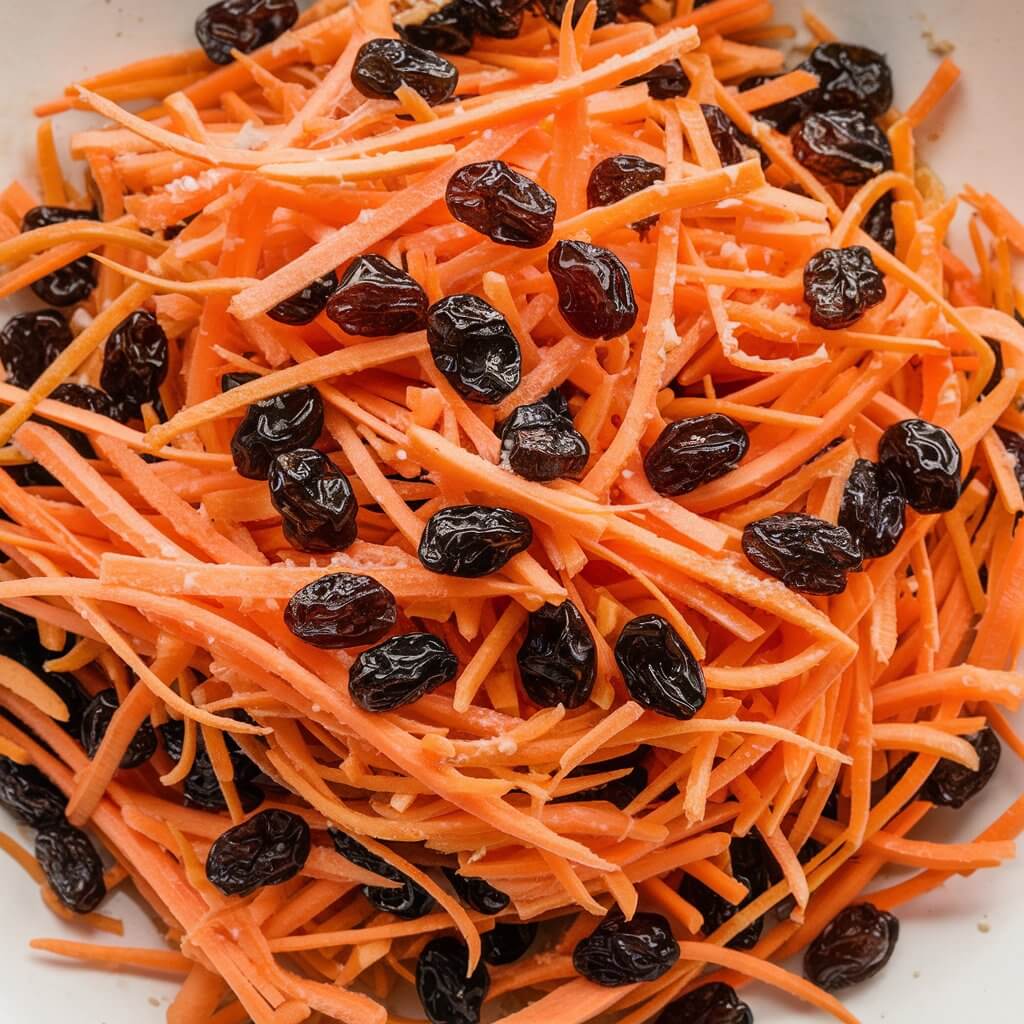 A colorful, crunchy Thanksgiving salad of shredded carrots tossed with sweet raisins, lightly coated in a creamy dressing. The orange carrot strands are bright and fresh, with the raisins providing dark contrast throughout. The creamy dressing adds a subtle shine, making the salad look simple yet inviting.