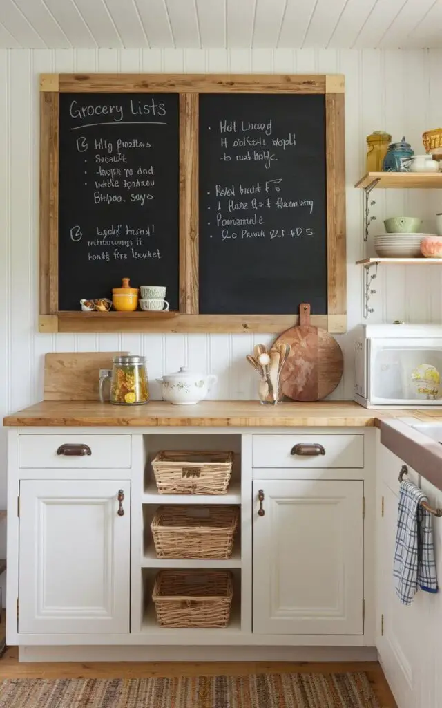 A full image of a small cottage kitchen with a chalkboard wall near the pantry. The chalkboard is framed in rustic wood and features handwritten grocery lists and recipes. The blackboard adds a personal, interactive touch to the kitchen while fitting seamlessly into the cottage decor.