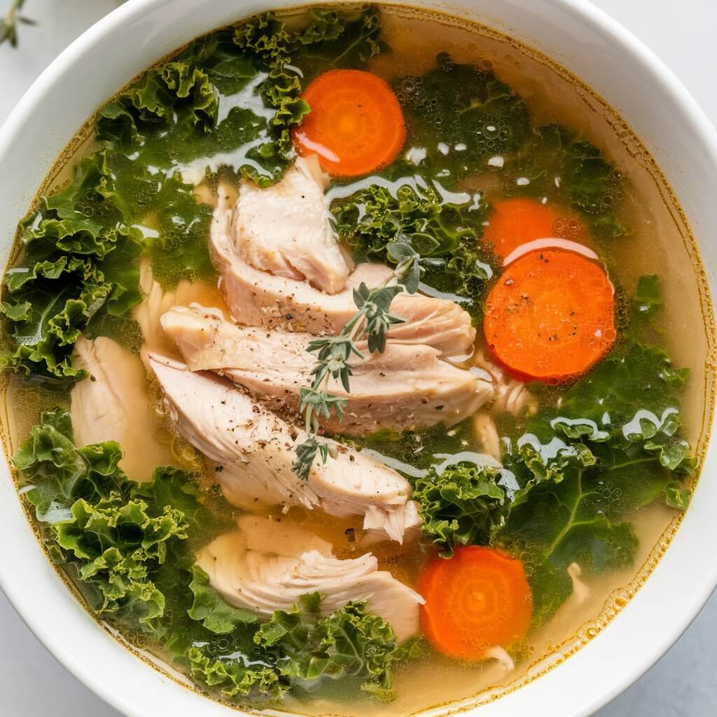 A photo of a healthy chicken kale soup in a clear, golden broth, filled with tender chicken, vibrant green kale, and slices of carrots. The kale adds a pop of color and texture, while the soup looks light yet satisfying. The bowl is garnished with fresh thyme and a sprinkle of black pepper, offering a wholesome, nutrient-rich meal.