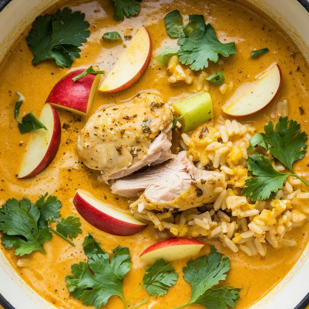 A photo of a unique chicken mulligatawny soup with a golden, curry-spiced broth, tender chicken pieces, and a mix of rice and apples. The soup is sprinkled with fresh cilantro and small chili slices, adding color to the creamy, mildly spiced base. The contrast between sweet apple and savory curry creates a visually appealing, exotic dish.