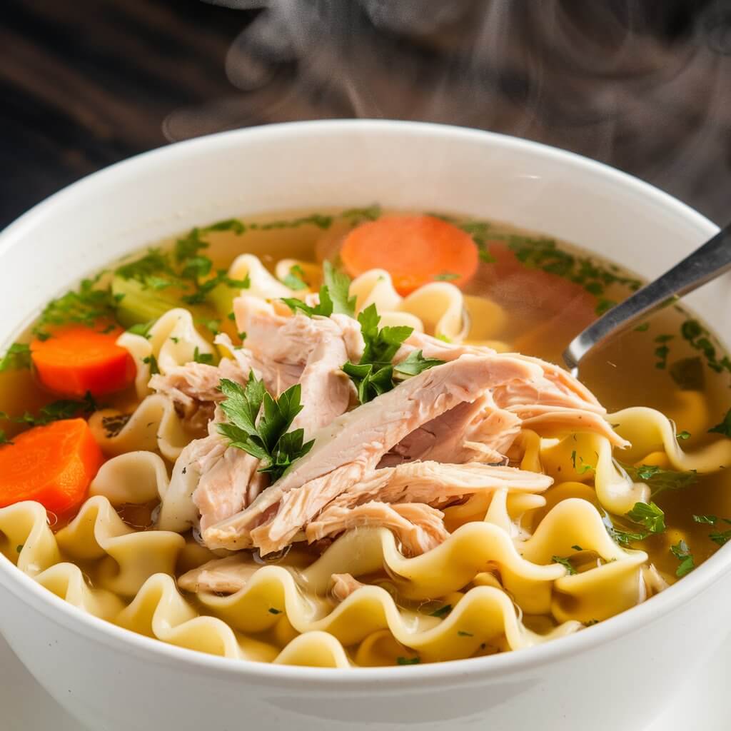 A photo of a bowl of classic chicken noodle soup. The golden broth is filled with tender shredded chicken and curly egg noodles. The soup is garnished with fresh parsley and is paired with vibrant carrots and celery pieces. Steam rises from the bowl, highlighting its warmth. A spoon rests on the side, ready to dive in.