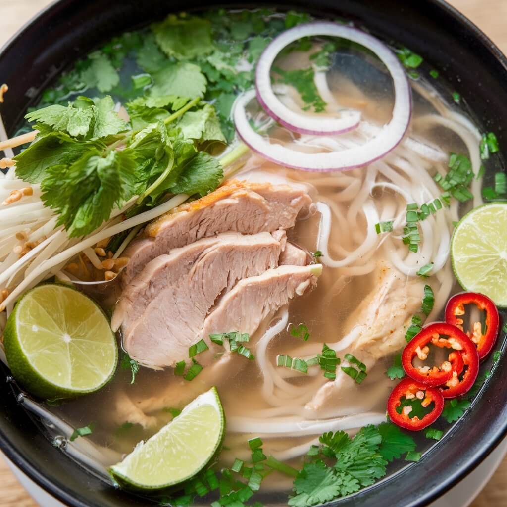 A photo of a light, aromatic chicken pho served in a deep bowl. The soup contains rice noodles, tender chicken slices, and a clear broth. The dish is garnished with fresh herbs like cilantro and mint. The soup includes bean sprouts, lime wedges, and sliced chili peppers on the side for added flavor. Thin slices of onion float on top, enhancing the delicate broth.