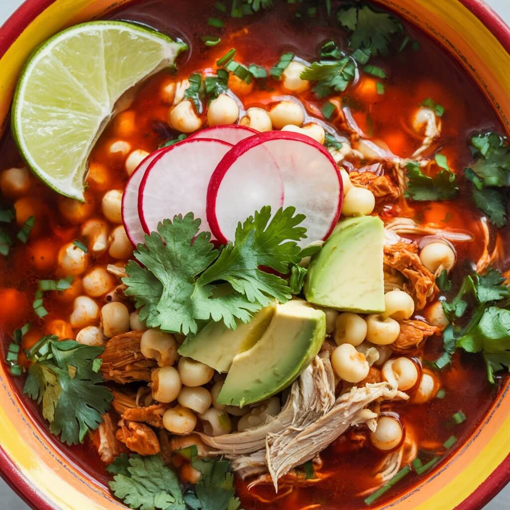 A photo of a traditional chicken pozole soup with a deep red broth. The soup is filled with hominy, shredded chicken, and rich Mexican spices. It is garnished with sliced radishes, fresh cilantro, and avocado chunks. A wedge of lime rests beside the bowl. The colorful presentation adds a festive touch to the hearty soup.