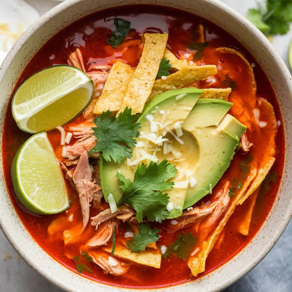 A photo of a colorful chicken tortilla soup in a shallow bowl. The spicy red broth is filled with shredded chicken. The soup is topped with crispy tortilla strips, avocado slices, and fresh cilantro. Bright lime wedges sit next to the bowl, ready to add a tangy twist. A sprinkle of cheese melts into the steaming soup.