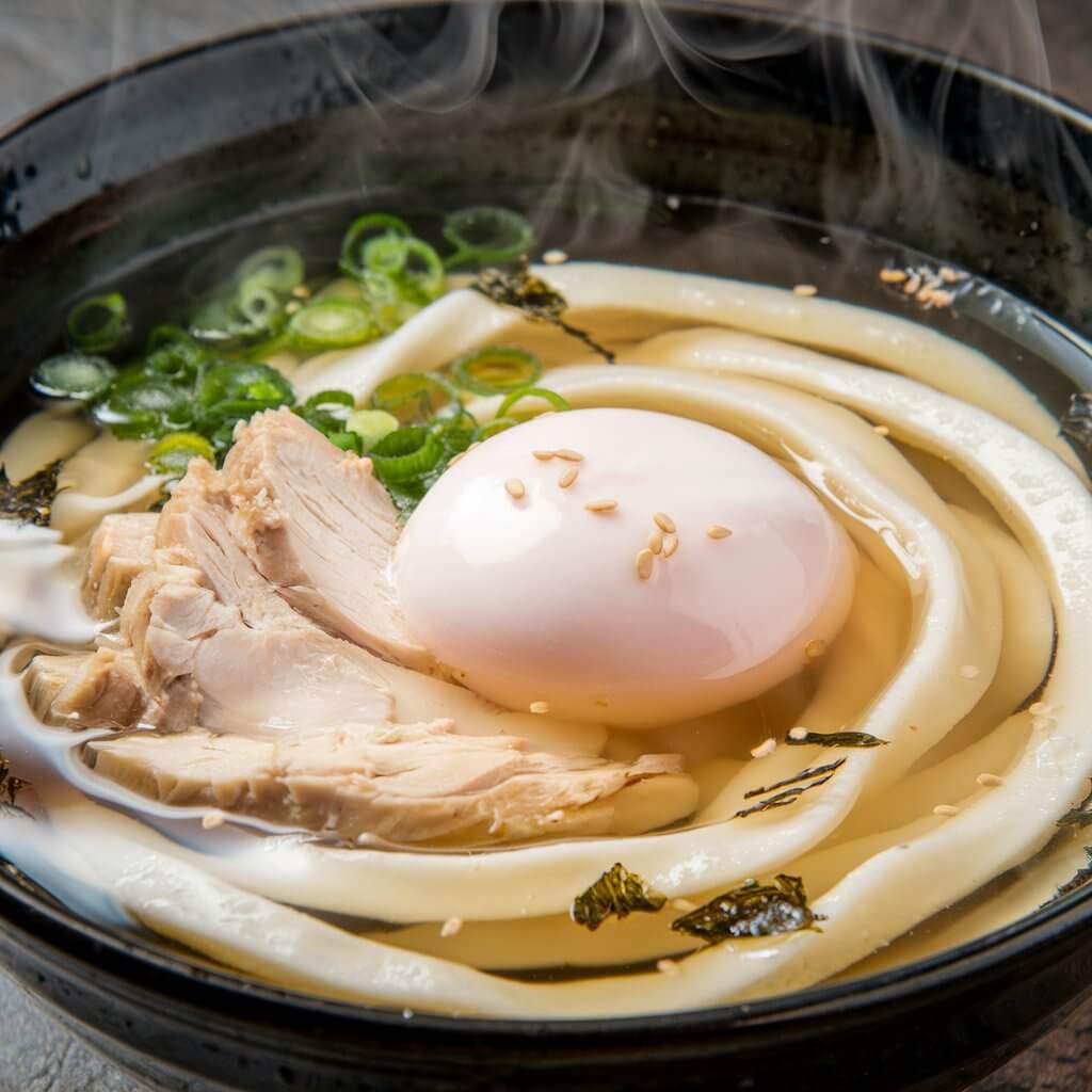 A photo of a Japanese-inspired chicken udon soup with thick, chewy udon noodles, slices of chicken, and green onions in a light, clear broth. The soup is garnished with a poached egg, floating atop the noodles. There are small bits of seaweed and sesame seeds scattered on top. The steam rising from the bowl hints at the delicate flavors inside.