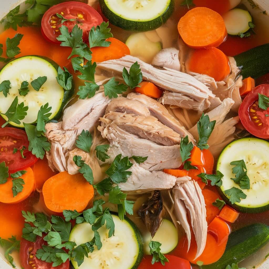 A photo of a vibrant shredded thicky chicken vegetable soup brimming with colorful veggies like zucchini, carrots, and tomatoes, along with tender chicken pieces. The clear broth allows the vegetables' colors to pop, while fresh parsley adds a finishing touch. The soup looks light, healthy, and visually appealing with its array of bright vegetables.