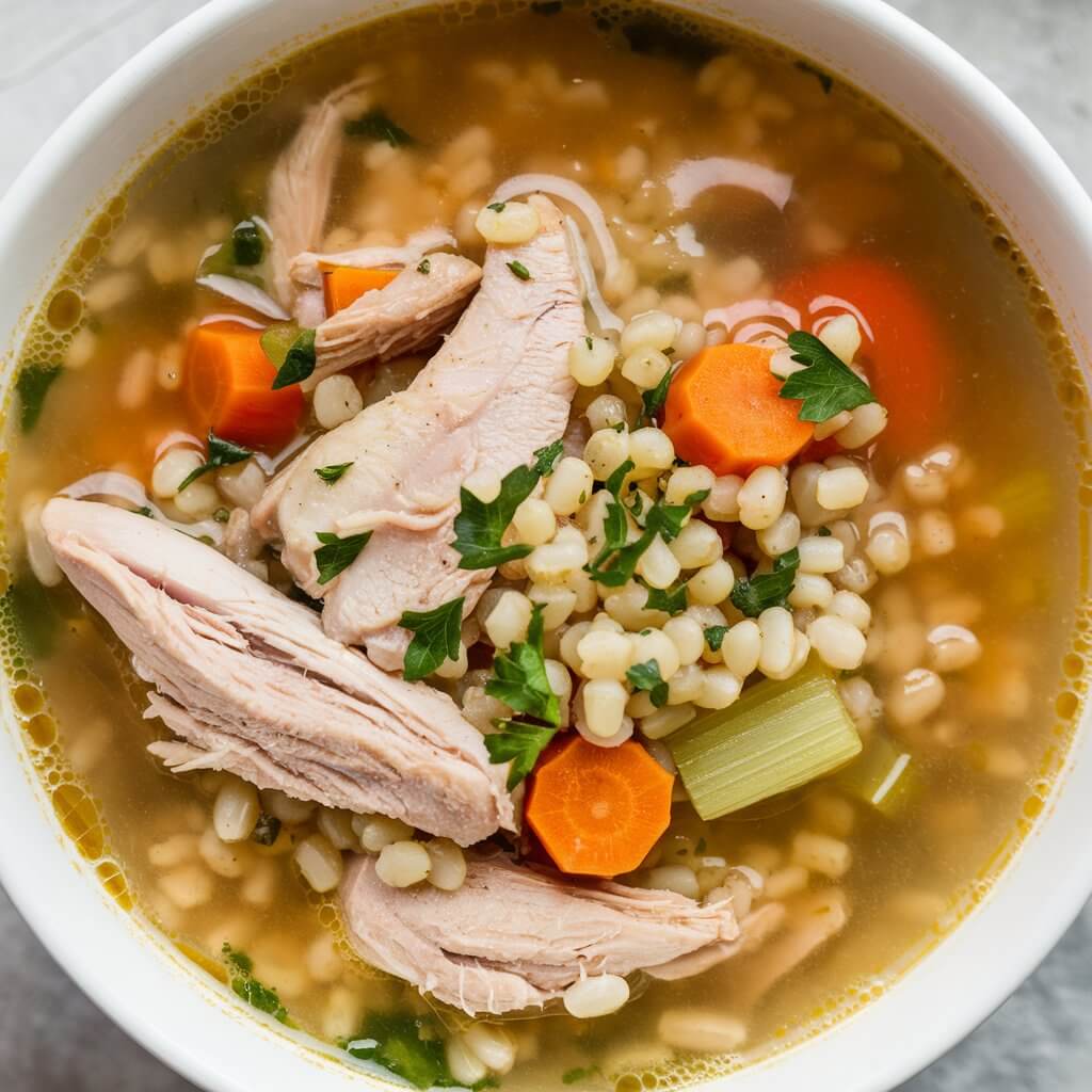 A bowl of hearty chicken and barley soup filled with tender chicken, chewy barley, and an assortment of root vegetables like carrots and celery. The clear, savory broth glistens in the bowl, while the barley adds texture and earthiness. The soup is topped with a sprinkle of parsley, enhancing its wholesome appeal.