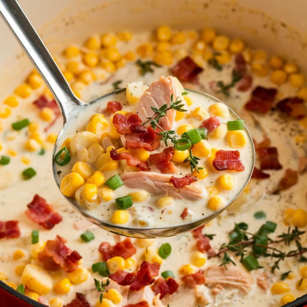 A close-up image of a creamy chicken and corn chowder being served. The chowder is rich and thick, filled with corn kernels, diced potatoes, crispy bacon bits, and garnished with chopped green onions and thyme. A metal ladle is held above the pot, showcasing a generous portion of the chowder, highlighting the hearty ingredients. The background reveals more of the chowder in the pot, emphasizing its creamy texture and the abundance of ingredients within the dish.