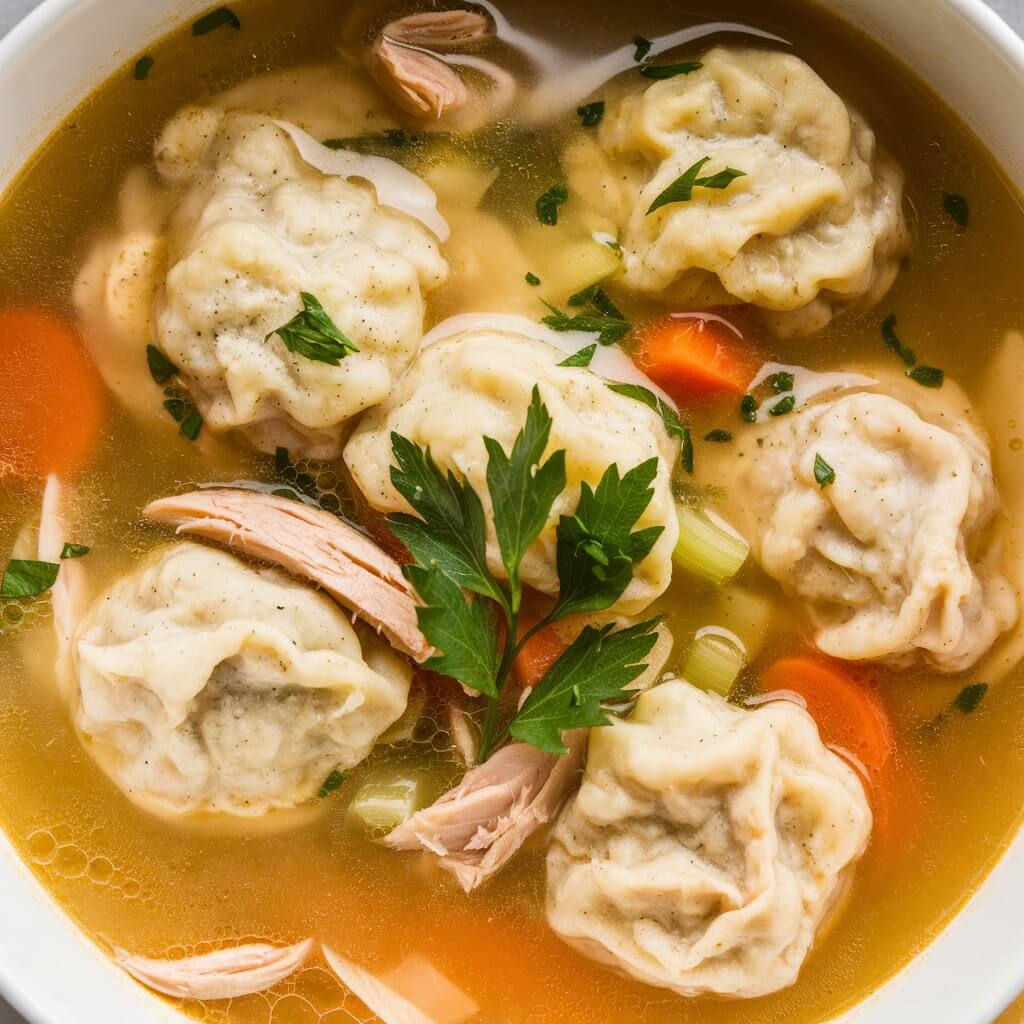 A bowl of hearty chicken and dumpling soup with fluffy homemade dumplings floating in a golden broth. The soup is filled with chunks of chicken, carrots, and celery. The dumplings are perfectly puffed and soft, with a sprinkle of fresh parsley on top, adding a burst of green to the comforting, rich soup.