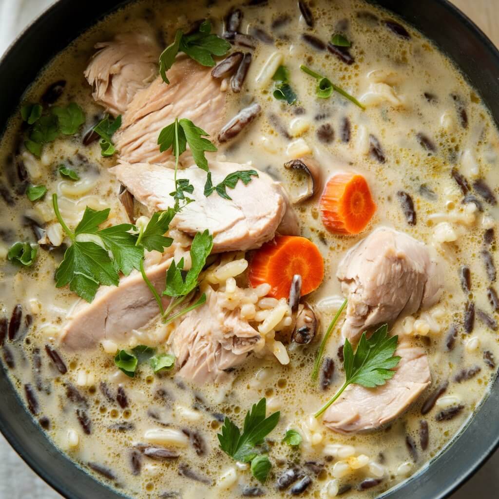 A photo of a comforting chicken and wild rice soup in a deep bowl. The soup features tender chicken and nutty wild rice in a creamy broth. The soup is dotted with carrots and mushrooms, while the texture of the wild rice adds a rustic feel. A scattering of fresh herbs, like parsley, brightens up the creamy richness of the soup.