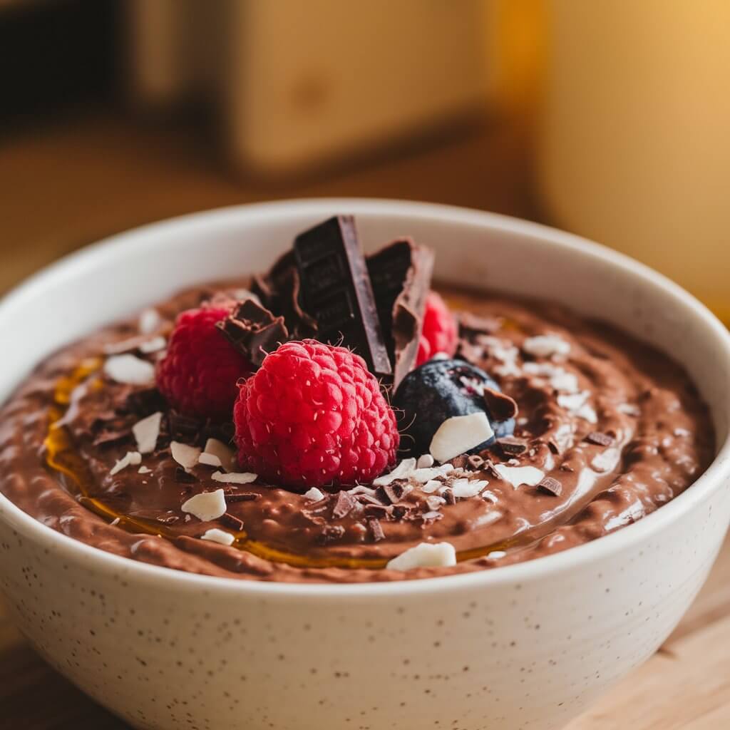 A photo of a bowl of creamy, rich chocolate porridge. The porridge is topped with dark chocolate shavings, fresh berries like raspberries or strawberries, and sprinkled with coconut flakes. The oats have a deep brown hue from the cocoa powder, and there's a drizzle of honey or maple syrup glistening on top. The background is a cozy kitchen setting with warm, natural lighting, emphasizing the comforting and indulgent nature of the breakfast.A photo of a bowl of creamy, rich chocolate porridge. The porridge is topped with dark chocolate shavings, fresh berries like raspberries or strawberries, and sprinkled with coconut flakes. The oats have a deep brown hue from the cocoa powder, and there's a drizzle of honey or maple syrup glistening on top. The background is a cozy kitchen setting with warm, natural lighting, emphasizing the comforting and indulgent nature of the breakfast.