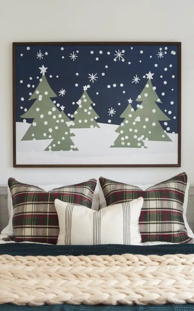 A Christmas bedroom with a bold holiday artwork above the bed. The framed print shows a snowy winter scene with Christmas trees and twinkling stars. There are plaid pillows and a chunky knit throw on the bed, adding warmth and holiday spirit to the room.