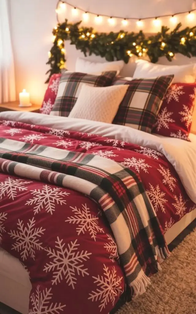 A queen-sized bed with a red and white snowflake-patterned duvet is centered in a bedroom, layered with plaid pillows and a soft flannel blanket. A folded throw blanket in a matching pattern drapes neatly across the foot of the bed, while a single evergreen garland rests along the headboard. Warm fairy lights are strung along the wall above the bed, illuminating crisp white walls and a subtle beige rug below. A single white candle sits on a small wooden nightstand beside the bed, completing the festive scene.