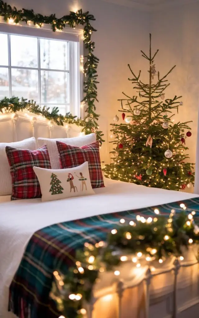 A photo of a Christmas-themed bedroom with a bed and a small Christmas tree in the corner. The bed is illuminated by warm fairy lights strung along the bedframe and window. The lights cast a soft glow over the room, which is decorated with holiday pillows and a cozy plaid throw blanket. The room has a festive charm with holiday decorations.