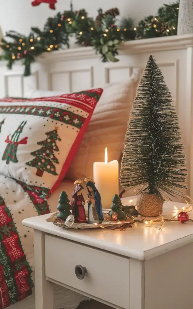 A photo of a Christmas bedroom with festive decorations. There's a mini Christmas tree, a holiday-scented candle, and a small nativity scene on a bedside table. The bed has cozy seasonal bedding with a Christmas pattern. The room has a warm, festive ambiance.