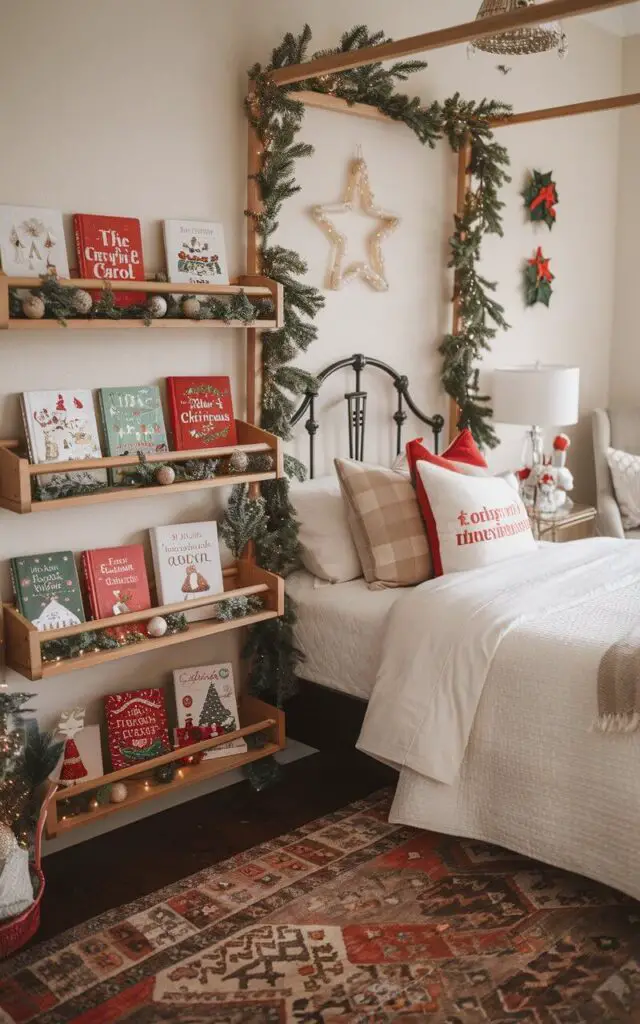 A cozy Christmas bedroom with a reading nook. There's a bed with a white duvet and a few pillows. Alongside the bed, there's a bookshelf with festive books, including "A Christmas Carol" and "The Night Before Christmas". The bookshelf also has small Christmas ornaments and greenery. The room has a rug, a lamp, and a chair. The walls have holiday decorations. The overall image has a warm, inviting atmosphere.