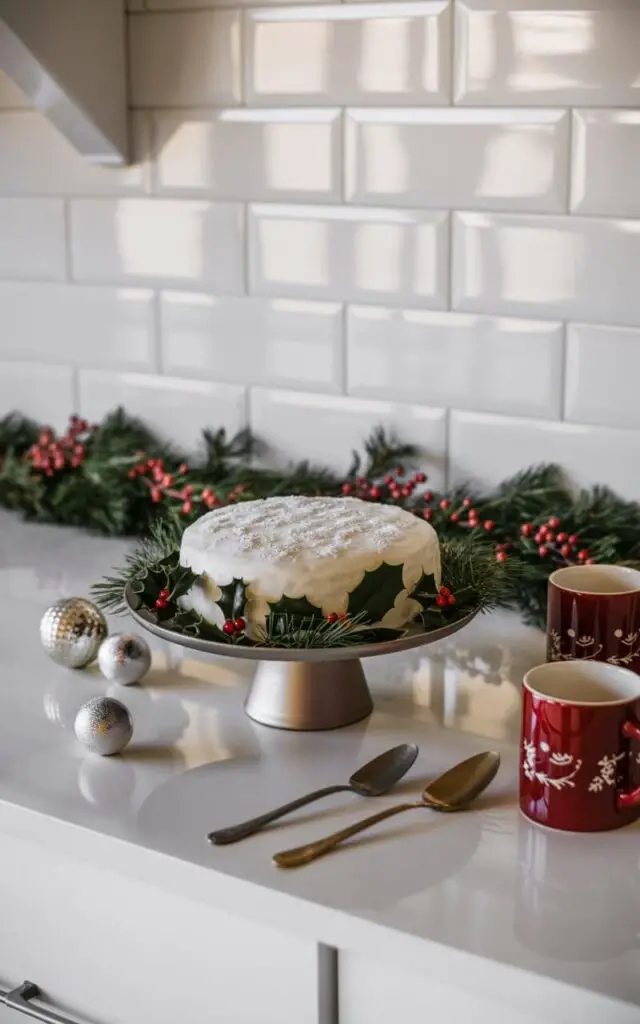 A minimalist Christmas kitchen photograph featuring an elegant cake stand positioned on a pristine white quartz countertop as the focal point. The stand displays a beautifully frosted white Christmas cake adorned with fresh holly sprigs and a delicate dusting of powdered sugar that resembles fresh snow, its glossy surface catching and reflecting warm ambient light. Carefully arranged around the cake are subtle Christmas accents including delicate silver ornaments, polished silver spoons, and deep red ceramic mugs with understated festive patterns. A garland of fresh pine boughs and bright red berries gracefully lines the clean white subway tile backsplash, while soft natural light creates gentle reflections across the cake's glaze and countertop, achieving a refined yet joyful holiday atmosphere.
